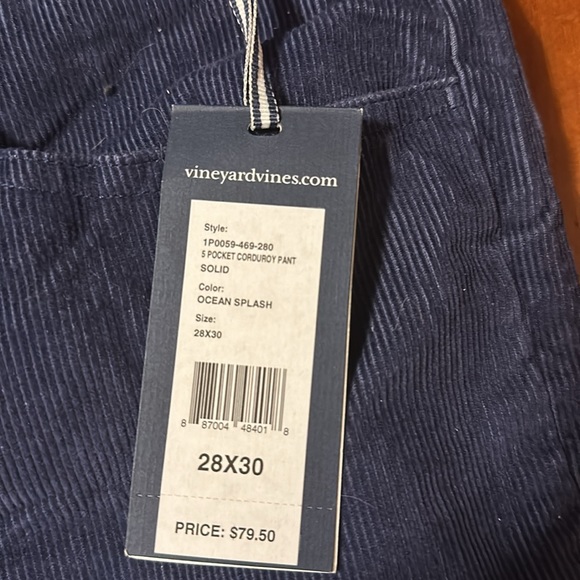 NWT Vineyard Vines 5 pocket corduroy pant. Solid Color: ocean splash size 28x30 - Picture 2 of 2